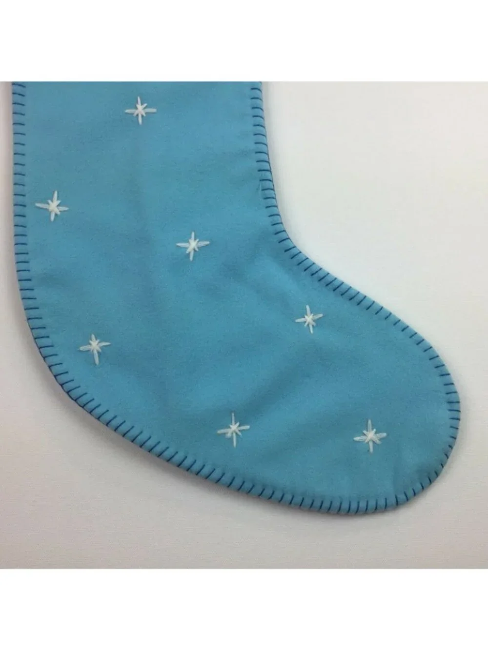 Light Blue Christmas Stocking Pom Poms Embroidered Stars Red Green White Tassel